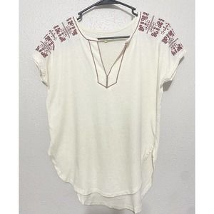 Madewell‎ Shirt Womens Extra Small Embroidered Sleeve Spilt Neck Curved Hem Boho
